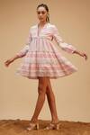 Bohobi_Multi Color Cotton Linen Print Stripe Mandarin Collar Boho Vibe Dress _Online_at_Aza_Fashions