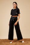 Buy_Bohobi_Black Linen Embroidery Slogan Round Crop Top With Wide Leg Pant _at_Aza_Fashions