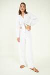 Buy_Bohobi_White 100% Linen Embroidery Crochet Knotted Crop Shirt With Pant _Online_at_Aza_Fashions