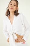 Bohobi_White 100% Linen Embroidery Crochet Knotted Crop Shirt With Pant _at_Aza_Fashions