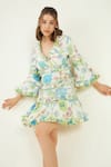 Bohobi_White 100% Cotton Print Hummingbird Bloom Ruffled V Neck Dress _Online_at_Aza_Fashions