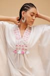 Buy_Bohobi_White 100% Cotton Embroidery Pearl V Neck Sequin Aztec Yoke Kaftan _Online_at_Aza_Fashions