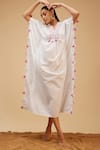 Shop_Bohobi_White 100% Cotton Embroidery Pearl V Neck Sequin Aztec Yoke Kaftan _Online_at_Aza_Fashions