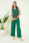 Buy_Bohobi_Green 100% Linen Embroidery Bullian Leaf V Neck Vest With Trouser _at_Aza_Fashions