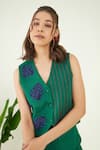 Bohobi_Green 100% Linen Embroidery Bullian Leaf V Neck Vest With Trouser _at_Aza_Fashions