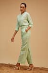 Bohobi_Green 100% Linen Embroidery Blossom Scoop Neck Shirt With Trouser _Online_at_Aza_Fashions