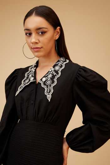 Buy_Bohobi_Black Linen Embroidery Collared Bloom Short Dress _Online_at_Aza_Fashions