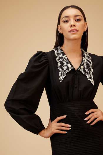 Shop_Bohobi_Black Linen Embroidery Collared Bloom Short Dress _Online_at_Aza_Fashions