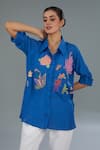 Kahani Lush_Blue Cotton Silk Embroidered Floral Collar Shirt _Online_at_Aza_Fashions