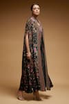 Buy_NIRRAAMYAA_Black Bemberg Crepe Digital Print Rhinestone Band Collar Rose Long Cape _Online_at_Aza_Fashions