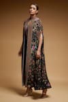 Shop_NIRRAAMYAA_Black Bemberg Crepe Digital Print Rhinestone Band Collar Rose Long Cape _Online_at_Aza_Fashions