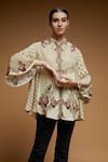 NIRRAAMYAA_Ivory Bemberg Crepe Digital Print Rhinestone Mandarin Embroidered Shirt _Online_at_Aza_Fashions