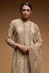 NIRRAAMYAA_Beige Bemberg Crepe Digital Print Rhinestone Floral Long Kurta With Pant _Online_at_Aza_Fashions