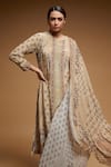 Buy_NIRRAAMYAA_Beige Bemberg Crepe Digital Print Rhinestone Floral Long Kurta With Pant 