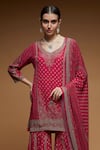 Buy_NIRRAAMYAA_Pink Bemberg Crepe Print Floral Leaf Neck Butti Kurta Sharara Set _Online_at_Aza_Fashions