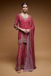 Shop_NIRRAAMYAA_Pink Bemberg Crepe Print Floral Leaf Neck Butti Kurta Sharara Set _Online_at_Aza_Fashions