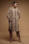 Buy_NIRRAAMYAA_Brown Bemberg Crepe Print Rose Bloom Mandarin Collar Kurta With Pant _at_Aza_Fashions