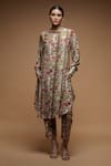 Buy_NIRRAAMYAA_Brown Bemberg Crepe Print Rose Bloom Mandarin Collar Kurta With Pant _Online_at_Aza_Fashions