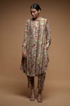 NIRRAAMYAA_Brown Bemberg Crepe Print Rose Bloom Mandarin Collar Kurta With Pant _at_Aza_Fashions