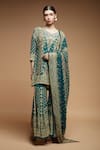 Buy_NIRRAAMYAA_Blue Bemberg Crepe Print Floral Mandala Leaf Neck Flower Kurta Sharara Set _at_Aza_Fashions