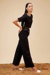 Bohobi_Black Linen Embroidery Slogan Round Crop Top With Wide Leg Pant _at_Aza_Fashions