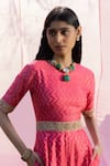 Shop_PUNIT BALANA_Pink Raw Silk Woven Polka Round Kasundi Banarasi Jumpsuit _at_Aza_Fashions