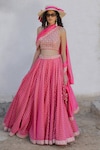 Buy_PUNIT BALANA_Pink Banarasi Chanderi Silk Embroidered Polka Printed Lehenga Set _at_Aza_Fashions