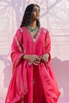 PUNIT BALANA_Pink Kurta And Pant Silk Embroidered Floral V The Alia Applique Work Choga Set_Online_at_Aza_Fashions