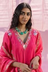 Buy_PUNIT BALANA_Pink Kurta And Pant Silk Embroidered Floral V The Alia Applique Work Choga Set_Online_at_Aza_Fashions