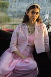 PUNIT BALANA_Pink Jacket Chanderi Silk Embellished Geometric Crop And Cowl Pant Set _Online_at_Aza_Fashions