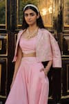 Shop_PUNIT BALANA_Pink Jacket Chanderi Silk Embellished Geometric Crop And Cowl Pant Set _at_Aza_Fashions