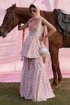 Buy_PUNIT BALANA_Pink Chanderi Silk Printed Floral Notched Kedia Kurta Gharara Set _at_Aza_Fashions