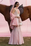 Shop_PUNIT BALANA_Pink Chanderi Silk Printed Floral Notched Kedia Kurta Gharara Set _at_Aza_Fashions