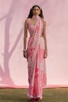 PUNIT BALANA_Pink Satin Silk Printed Resham U Neck Saree With Embellished Blouse _Online_at_Aza_Fashions