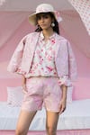 Shop_PUNIT BALANA_Pink Jacket And Shorts Chanderi Silk Printed Embellished Crop Set _at_Aza_Fashions