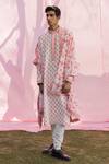 Buy_PUNIT BALANA_Pink Tussar Silk Printed Resham Floral Kurta Set With Dushala _at_Aza_Fashions