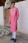 Buy_PUNIT BALANA_Pink Chanderi Silk Printed Checkered Kurta Pant Set _at_Aza_Fashions