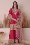 Shop_Surabhi Arya_Pink Bamberg Silk Embroidery Zari V Floral Bloom Kurta Sharara Set _Online_at_Aza_Fashions