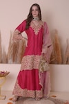 Surabhi Arya_Pink Bamberg Silk Embroidery Zari V Floral Bloom Kurta Sharara Set _at_Aza_Fashions