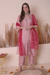 Surabhi Arya_Pink Bamberg Silk Embroidery Zari V Neck Scallop Cutwork Straight Kurta Pant Set _Online_at_Aza_Fashions