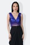 Buy_431-88 By Shweta Kapur_Blue Cotton Twill Embroidery Sequins V Neck Puzzle Quad Encrusted Blouse _at_Aza_Fashions