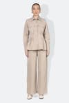Shop_431-88 By Shweta Kapur_Beige Taffeta Collared Safari Flap Pocket Shirt With Pant_Online_at_Aza_Fashions