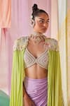 Buy_Anu Pellakuru_Green Raw Silk Embroidery Glass Beads Cleopatra Glow Cape Draped Skirt Set _Online_at_Aza_Fashions