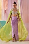 Shop_Anu Pellakuru_Green Raw Silk Embroidery Glass Beads Cleopatra Glow Cape Draped Skirt Set _Online_at_Aza_Fashions