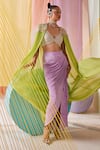 Anu Pellakuru_Green Raw Silk Embroidery Glass Beads Cleopatra Glow Cape Draped Skirt Set _at_Aza_Fashions