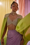 Shop_Anu Pellakuru_Green Raw Silk Embroidery Glass Beads Cleopatra Glow Cape Draped Skirt Set _at_Aza_Fashions