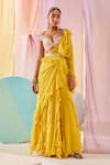 Buy_Anu Pellakuru_Yellow Raw Silk Embroidery Glass Beads Plain Pre-draped Ruffle Saree Set _Online_at_Aza_Fashions