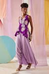 Anu Pellakuru_Purple Raw Silk Embroidery Glass Phool Bloom Peplum Tunic With Draped Pant _Online_at_Aza_Fashions