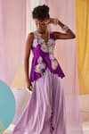 Buy_Anu Pellakuru_Purple Raw Silk Embroidery Glass Phool Bloom Peplum Tunic With Draped Pant _Online_at_Aza_Fashions