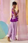 Shop_Anu Pellakuru_Purple Raw Silk Embroidery Glass Phool Bloom Peplum Tunic With Draped Pant _Online_at_Aza_Fashions